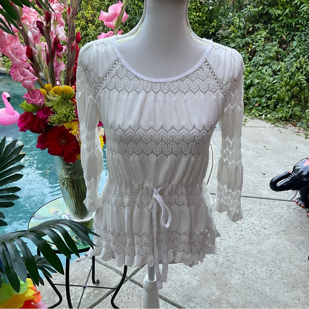 Free People Peasant boho white lace crochet puff pleated tunic dress Top Sz XS
